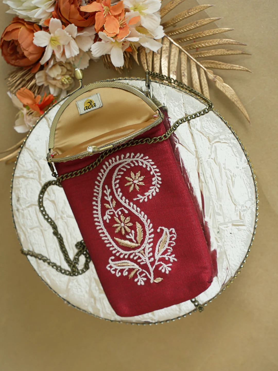 Ada Hand Embroidered Maroon Silk Lucknowi Chikankari Mobile Cover With Zari Work 01A621608