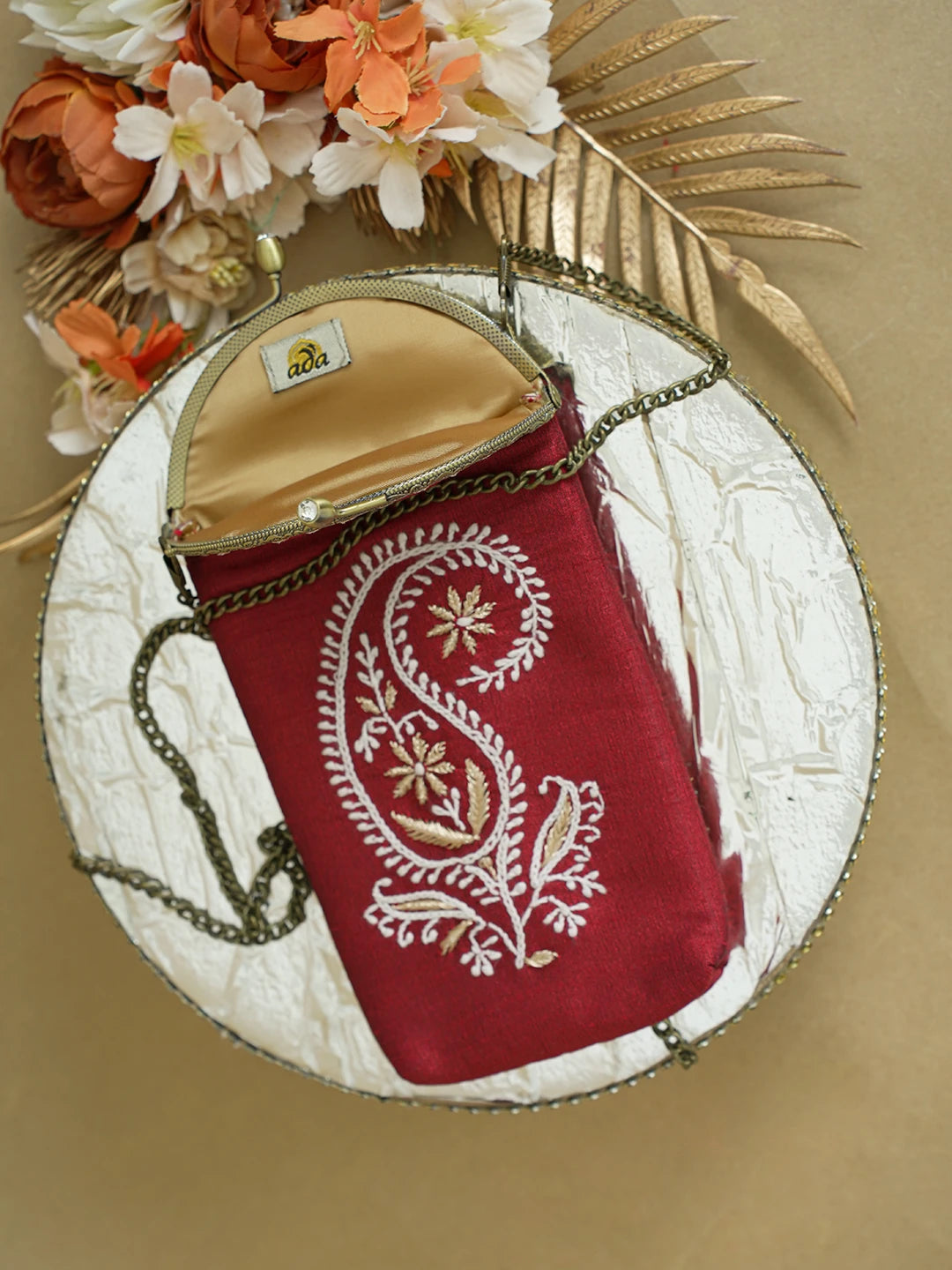Ada Hand Embroidered Maroon Silk Lucknowi Chikankari Mobile Cover With Zari Work 01A621608