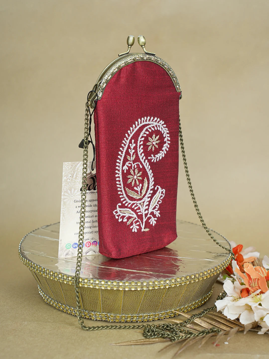 Ada Hand Embroidered Maroon Silk Lucknowi Chikankari Mobile Cover With Zari Work 01A621608