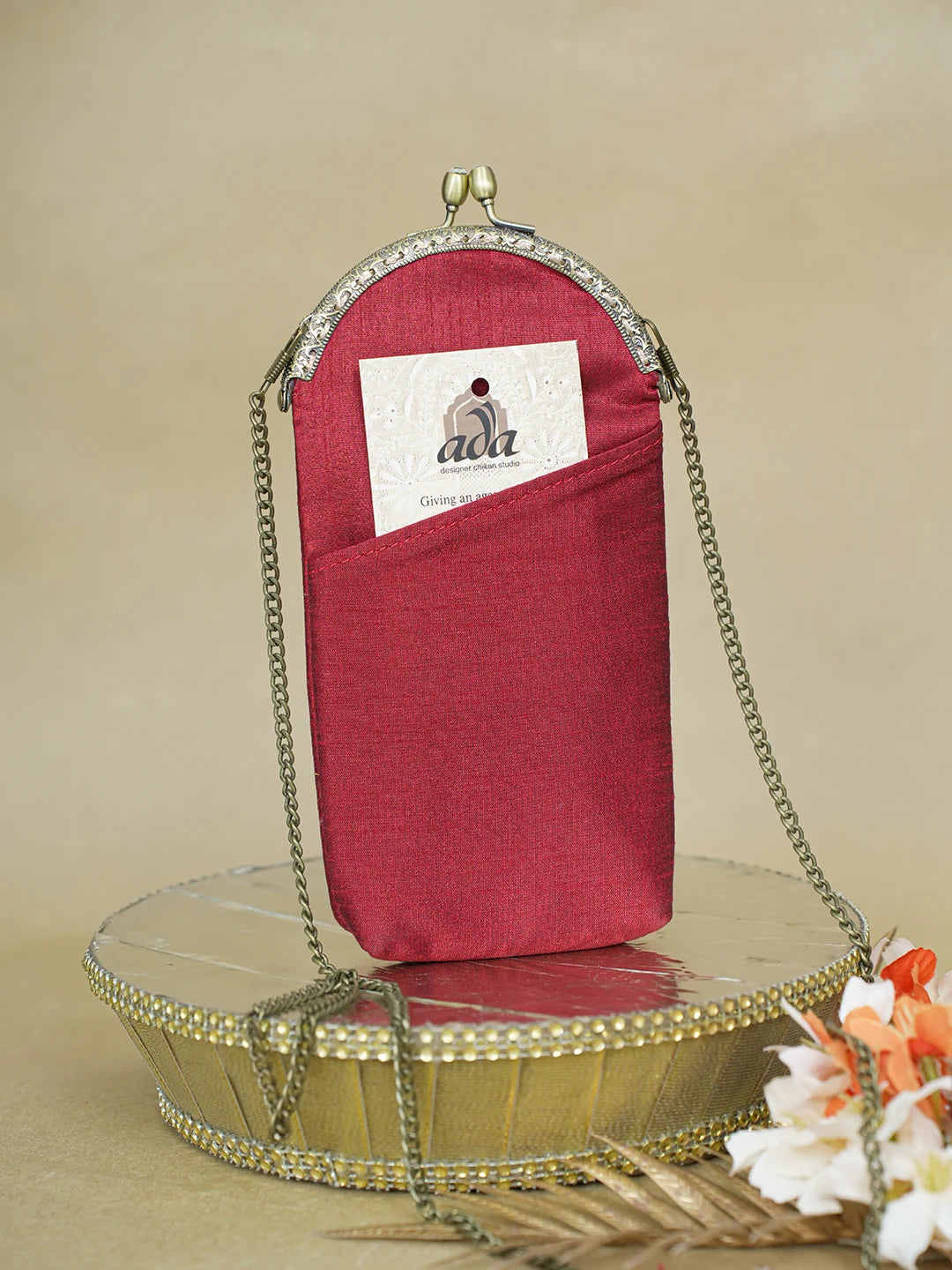 Ada Hand Embroidered Maroon Silk Lucknowi Chikankari Mobile Cover With Zari Work 01A621608