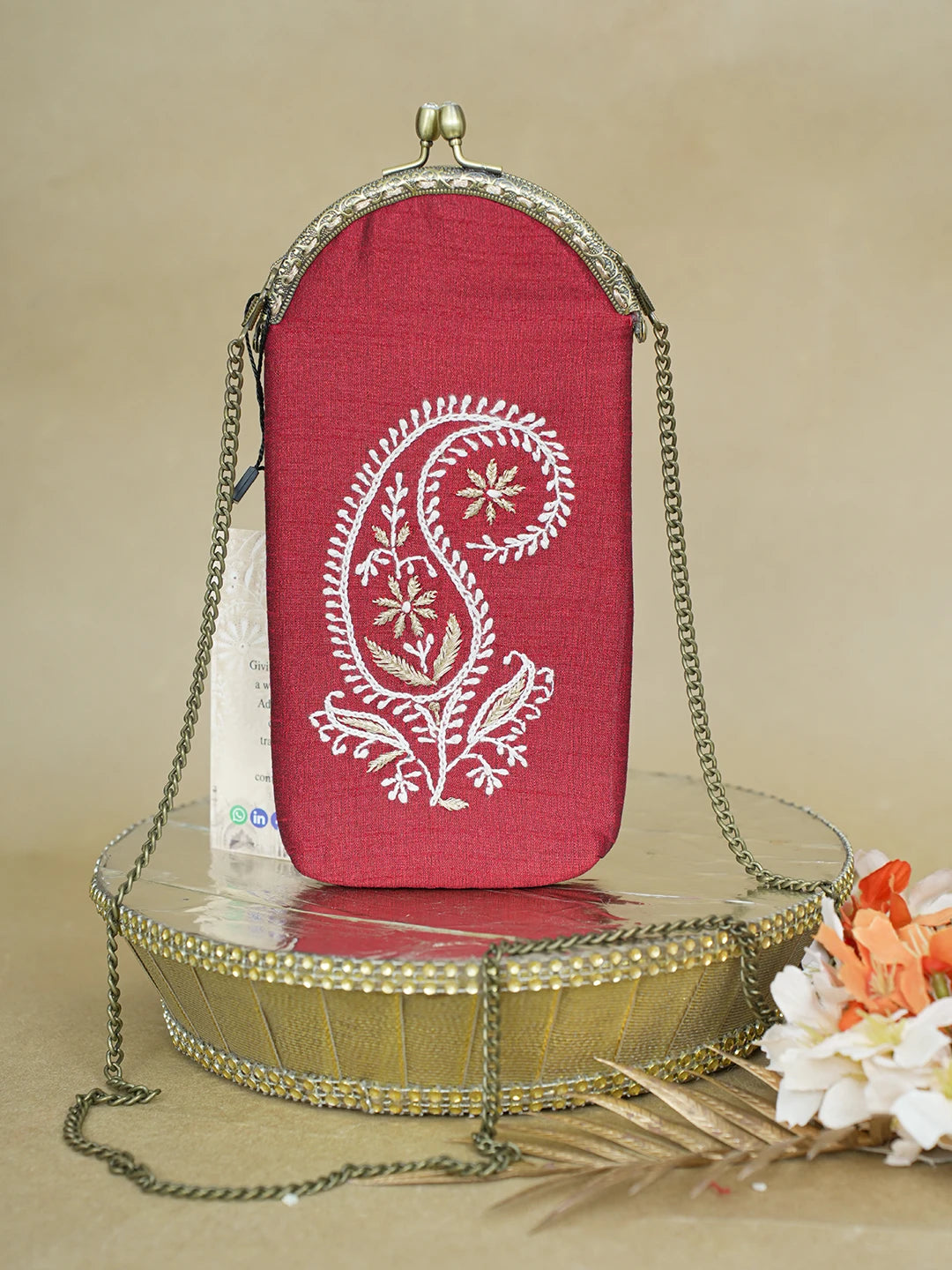Ada Hand Embroidered Maroon Silk Lucknowi Chikankari Mobile Cover With Zari Work 01A621608