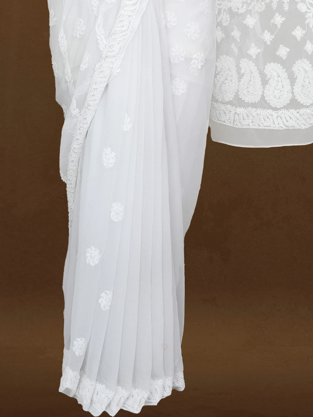 Ada Hand Embroidered White Georgette Lucknowi Chikankari Saree With Blouse 01A372822