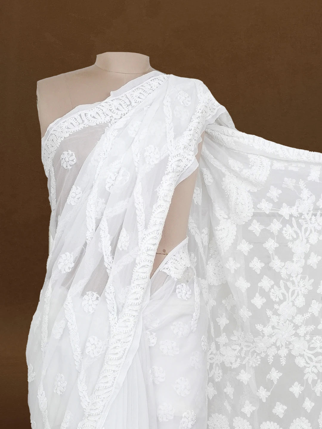 Ada Hand Embroidered White Georgette Lucknowi Chikankari Saree With Blouse 01A372822