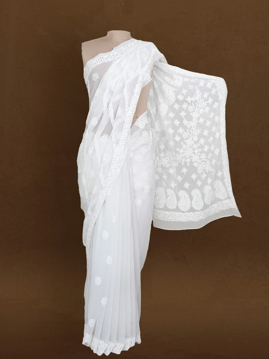 Ada Hand Embroidered White Georgette Lucknowi Chikankari Saree With Blouse 01A372822