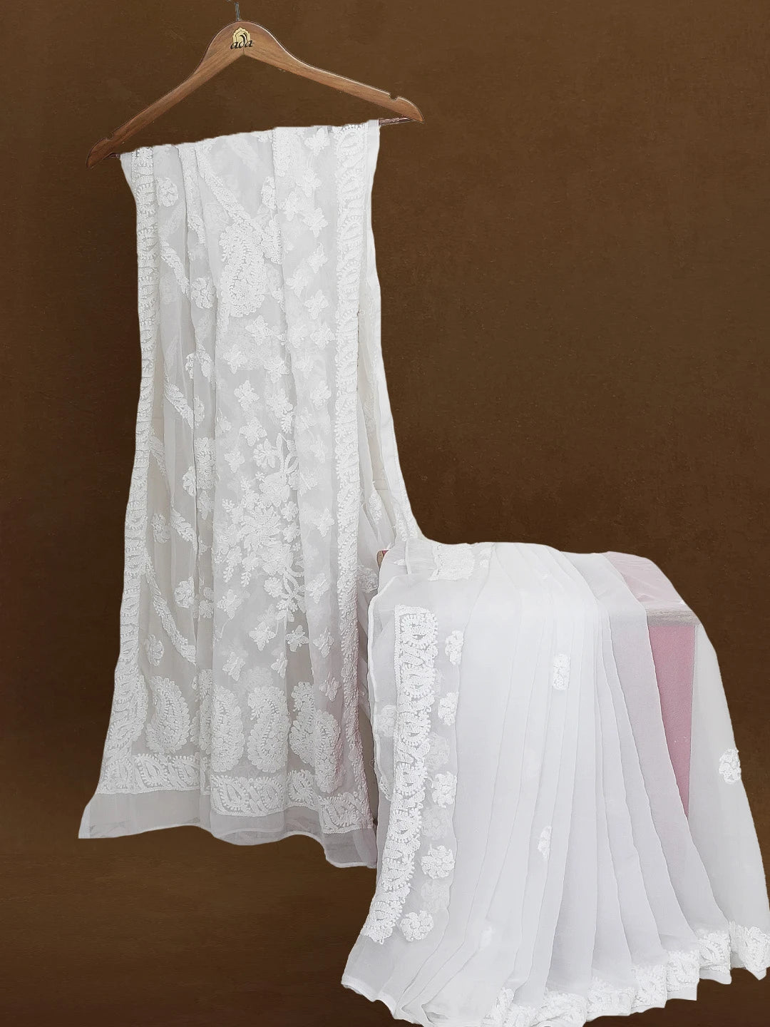 Ada Hand Embroidered White Georgette Lucknowi Chikankari Saree With Blouse 01A372822
