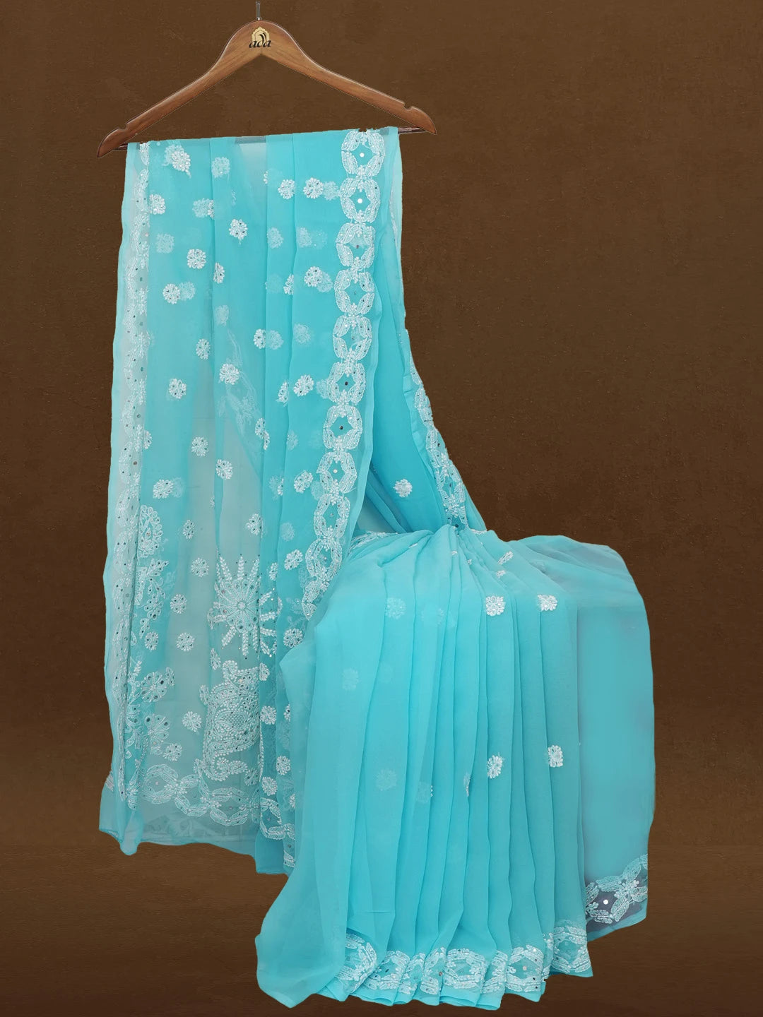 Ada Hand Embroidered Blue Georgette Lucknowi Chikankari Saree and Blouse With Muqaish Work 01A265395