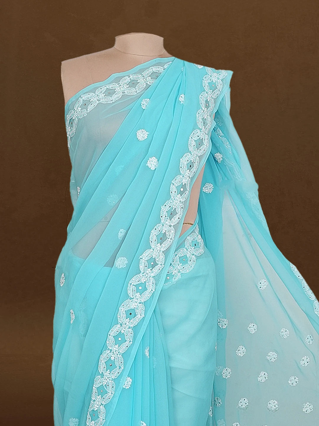 Ada Hand Embroidered Blue Georgette Lucknowi Chikankari Saree and Blouse With Muqaish Work 01A265395