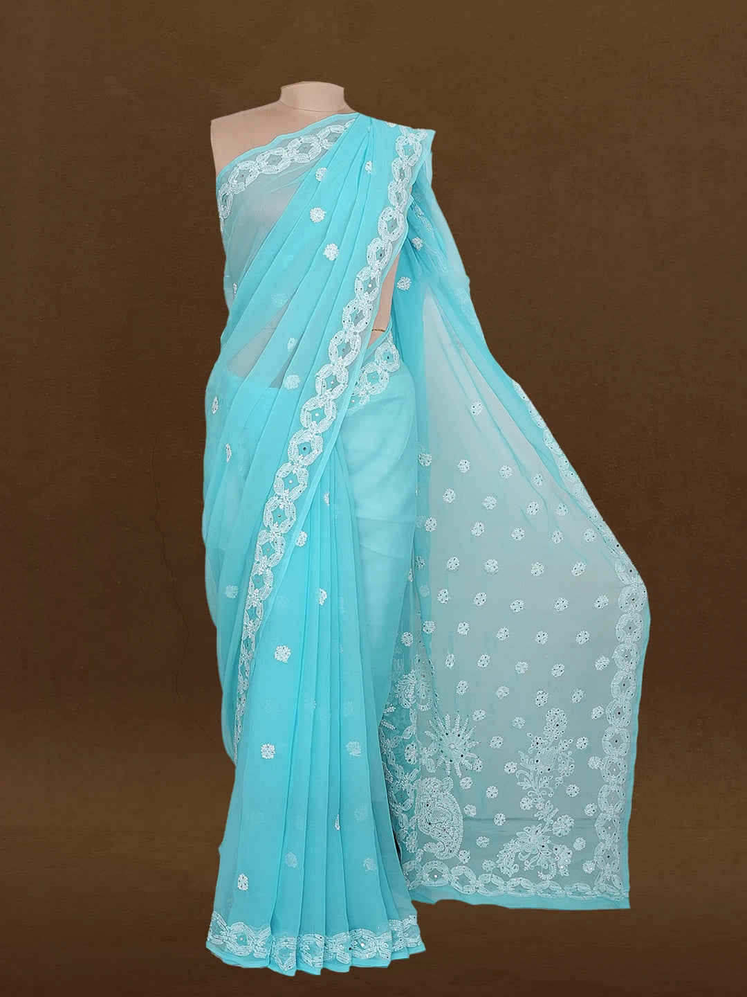 Ada Hand Embroidered Blue Georgette Lucknowi Chikankari Saree and Blouse With Muqaish Work 01A265395