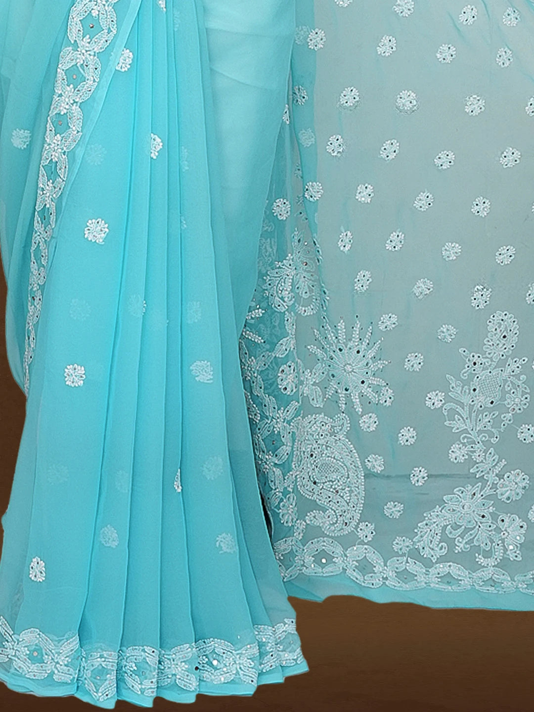 Ada Hand Embroidered Blue Georgette Lucknowi Chikankari Saree and Blouse With Muqaish Work 01A265395