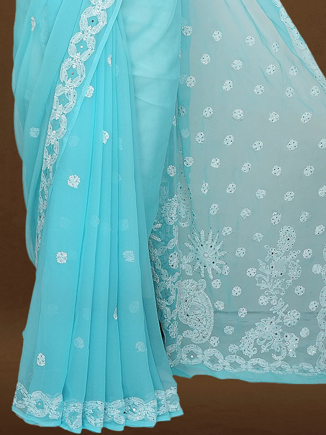 Ada Hand Embroidered Blue Georgette Lucknowi Chikankari Saree and Blouse With Muqaish Work 01A265395