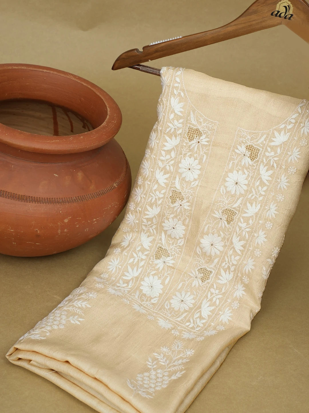 Ada Hand Embroidered Fawn Tussar Silk Lucknowi Chikankari Unstitched Kurta Piece 01A573634