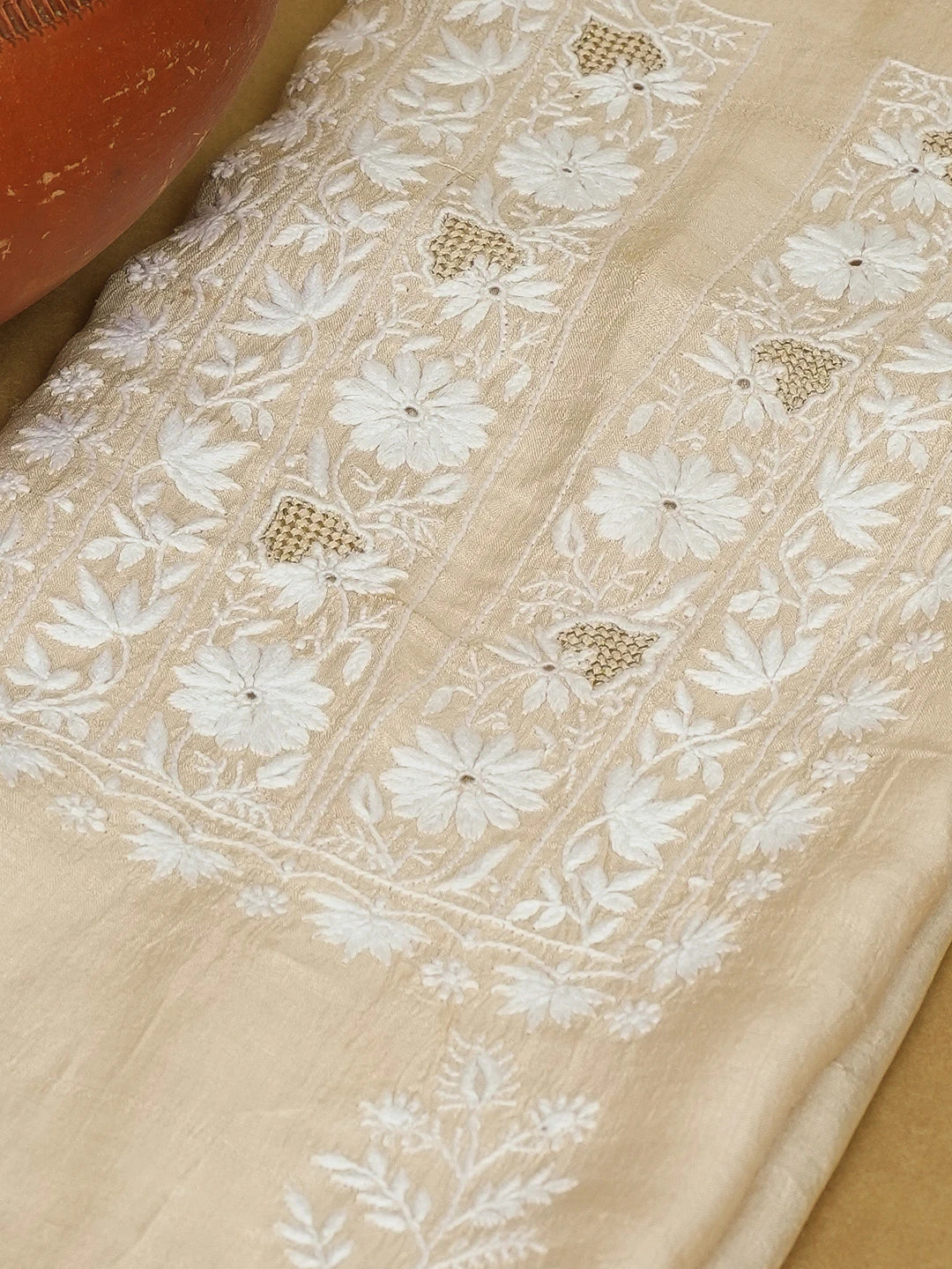 Ada Hand Embroidered Fawn Tussar Silk Lucknowi Chikankari Unstitched Kurta Piece 01A573634