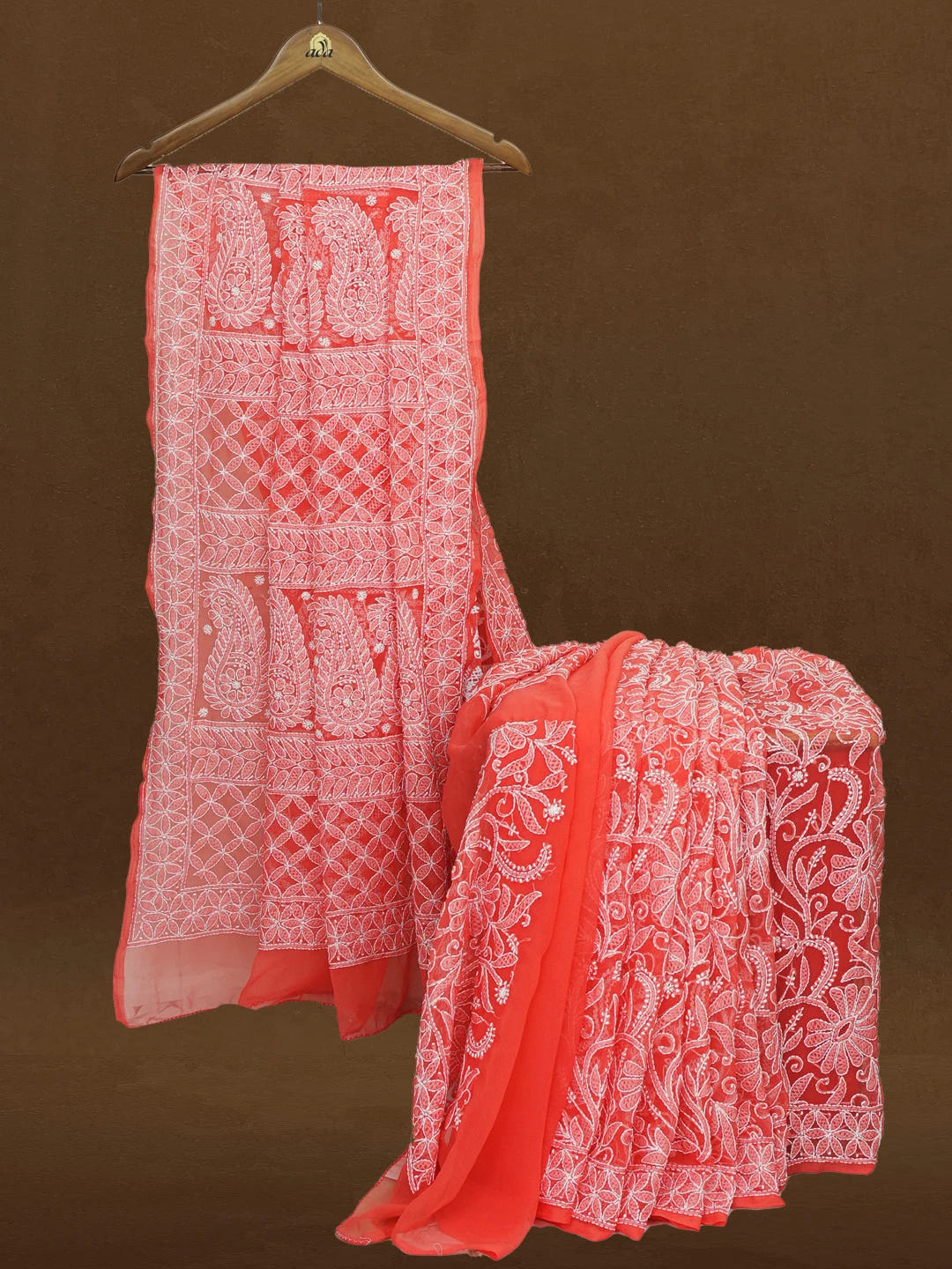 Ada Hand Embroidered Carrot Pink Georgette Lucknowi Chikankari Saree With Blouse 01A596516
