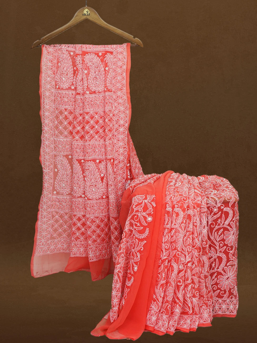 Ada Hand Embroidered Carrot Pink Georgette Lucknowi Chikankari Saree With Blouse 01A596516