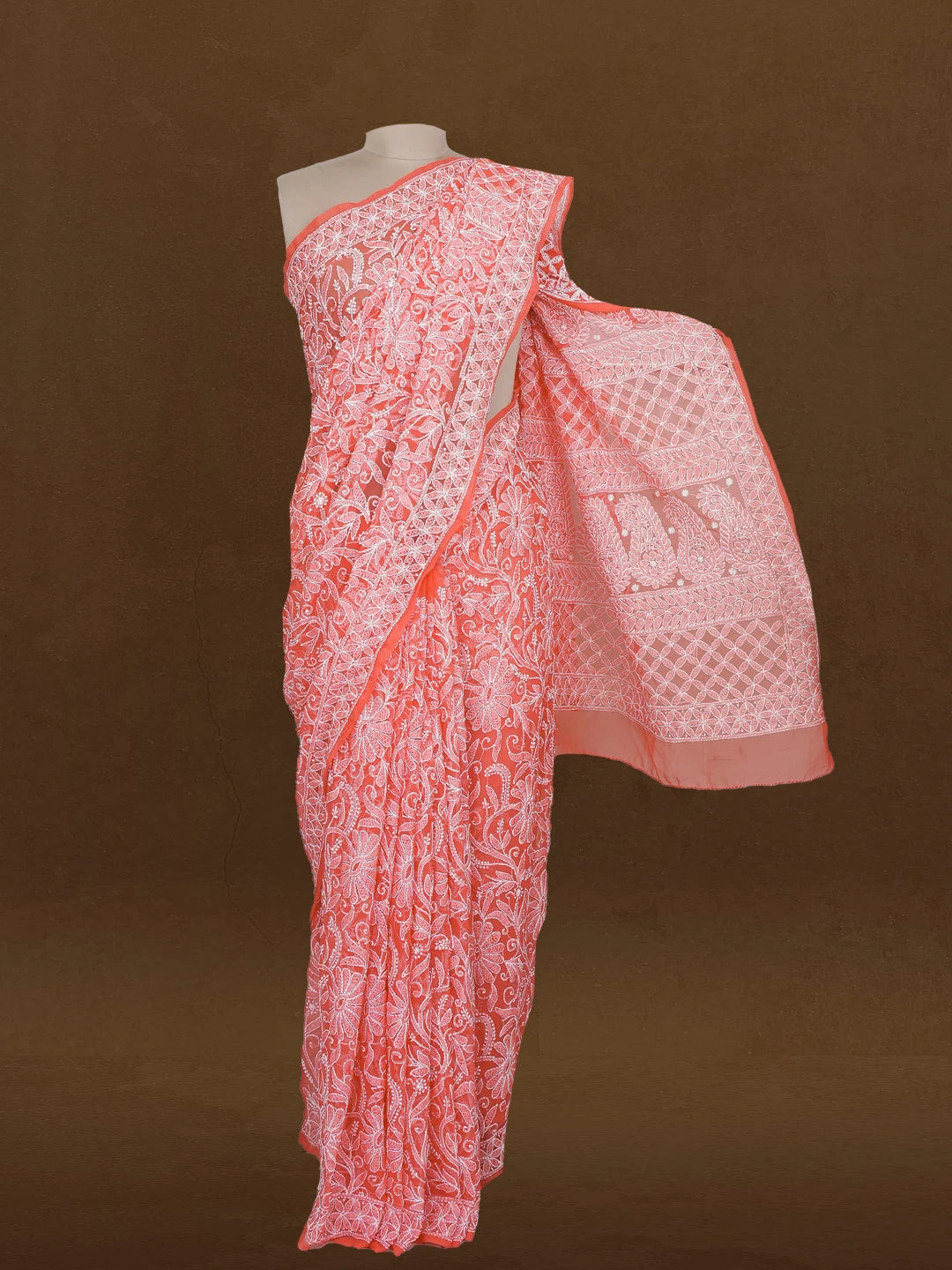 Ada Hand Embroidered Carrot Pink Georgette Lucknowi Chikankari Saree With Blouse 01A596516