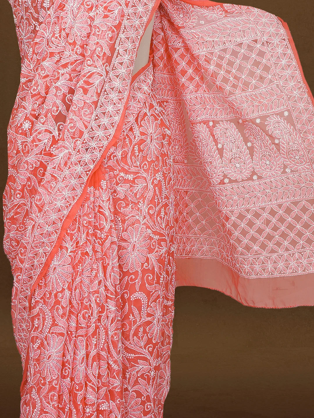 Ada Hand Embroidered Carrot Pink Georgette Lucknowi Chikankari Saree With Blouse 01A596516