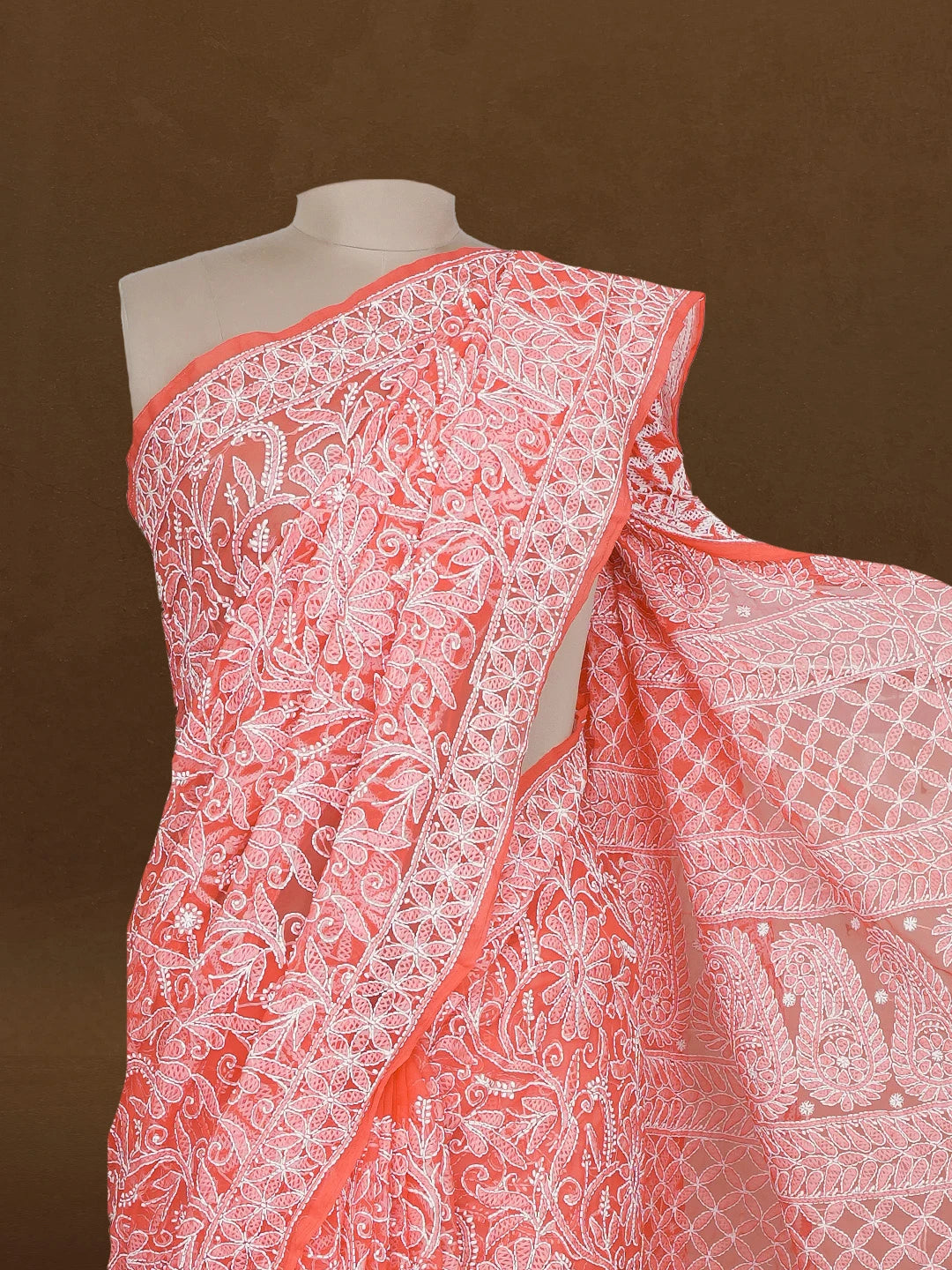 Ada Hand Embroidered Carrot Pink Georgette Lucknowi Chikankari Saree With Blouse 01A596516