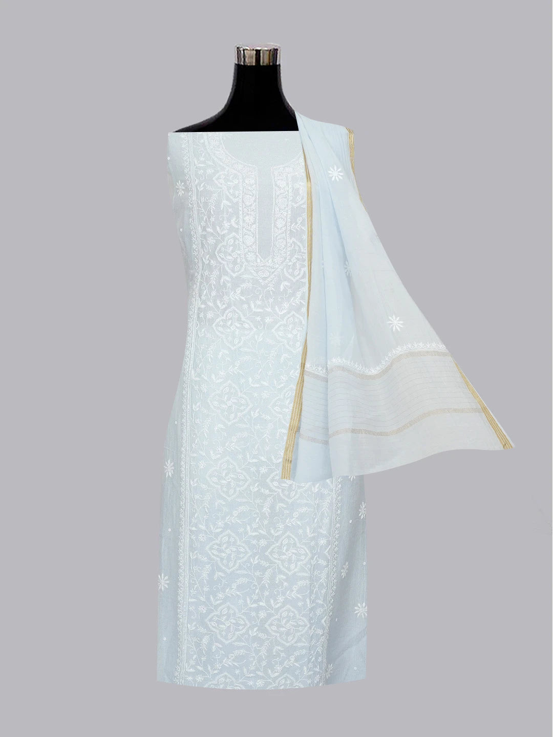 Ada Hand Embroidered Jordy Blue Chanderi Lucknowi Chikankari Unstitched Kurta Dupatta Set With Cutdana Work 01A616618