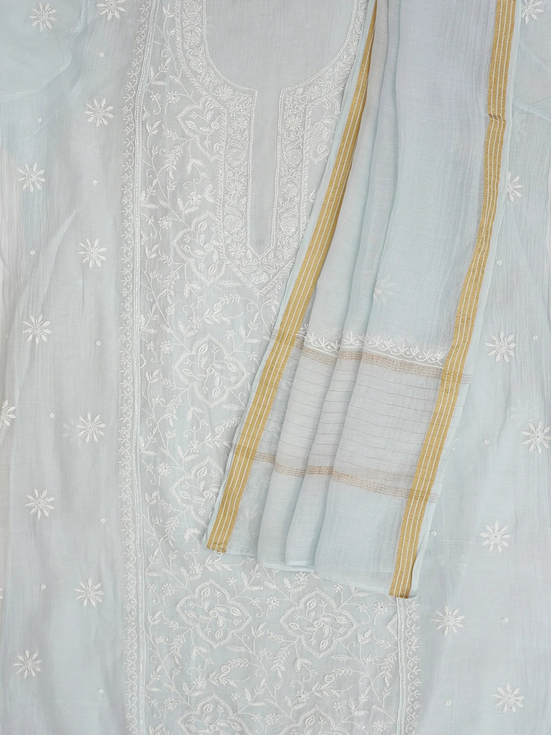 Ada Hand Embroidered Jordy Blue Chanderi Lucknowi Chikankari Unstitched Kurta Dupatta Set With Cutdana Work 01A616618