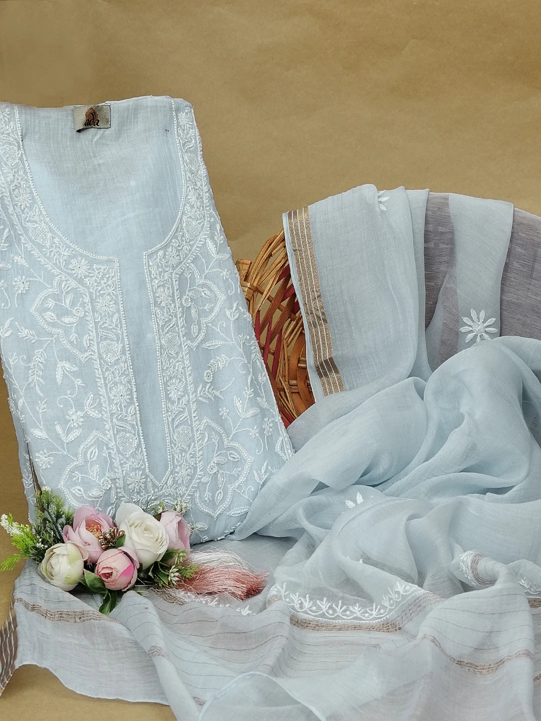 Ada Hand Embroidered Jordy Blue Chanderi Lucknowi Chikankari Unstitched Kurta Dupatta Set With Cutdana Work 01A616618