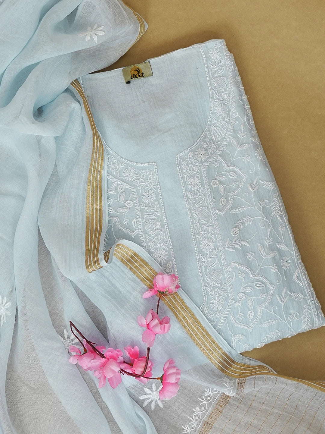Ada Hand Embroidered Jordy Blue Chanderi Lucknowi Chikankari Unstitched Kurta Dupatta Set With Cutdana Work 01A616618