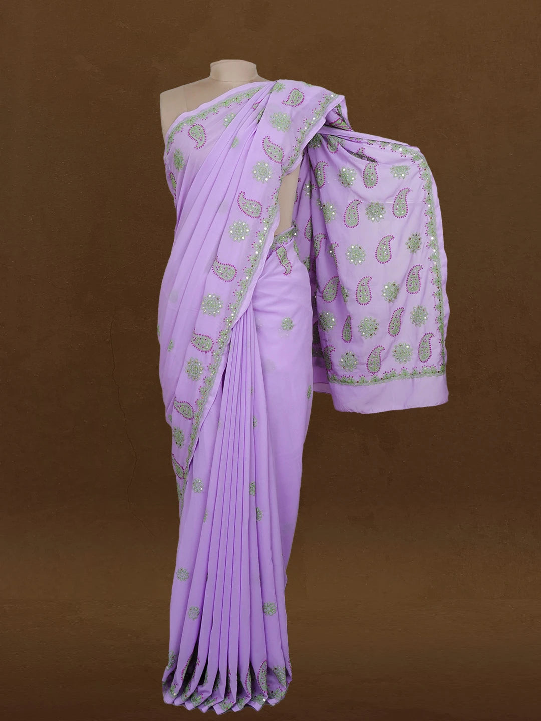 Ada Hand Embroidered Mauve Georgette Lucknowi Chikankari Saree With Blouse With Muqaish Work 01A142106