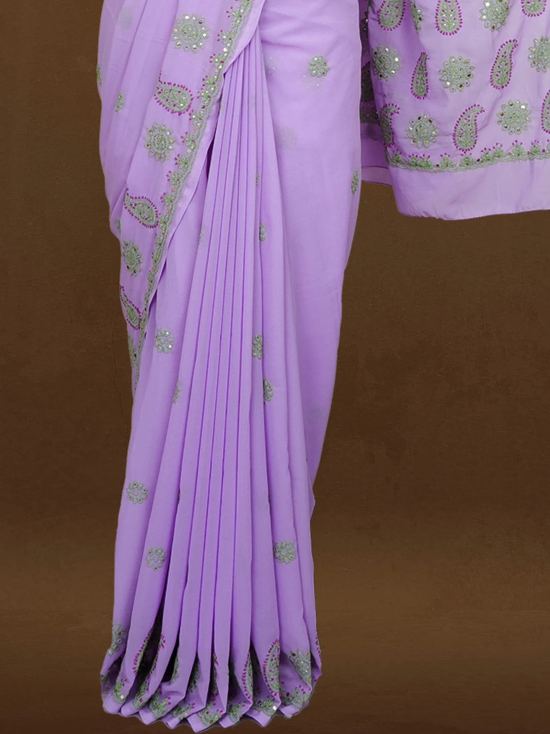 Ada Hand Embroidered Mauve Georgette Lucknowi Chikankari Saree With Blouse With Muqaish Work 01A142106