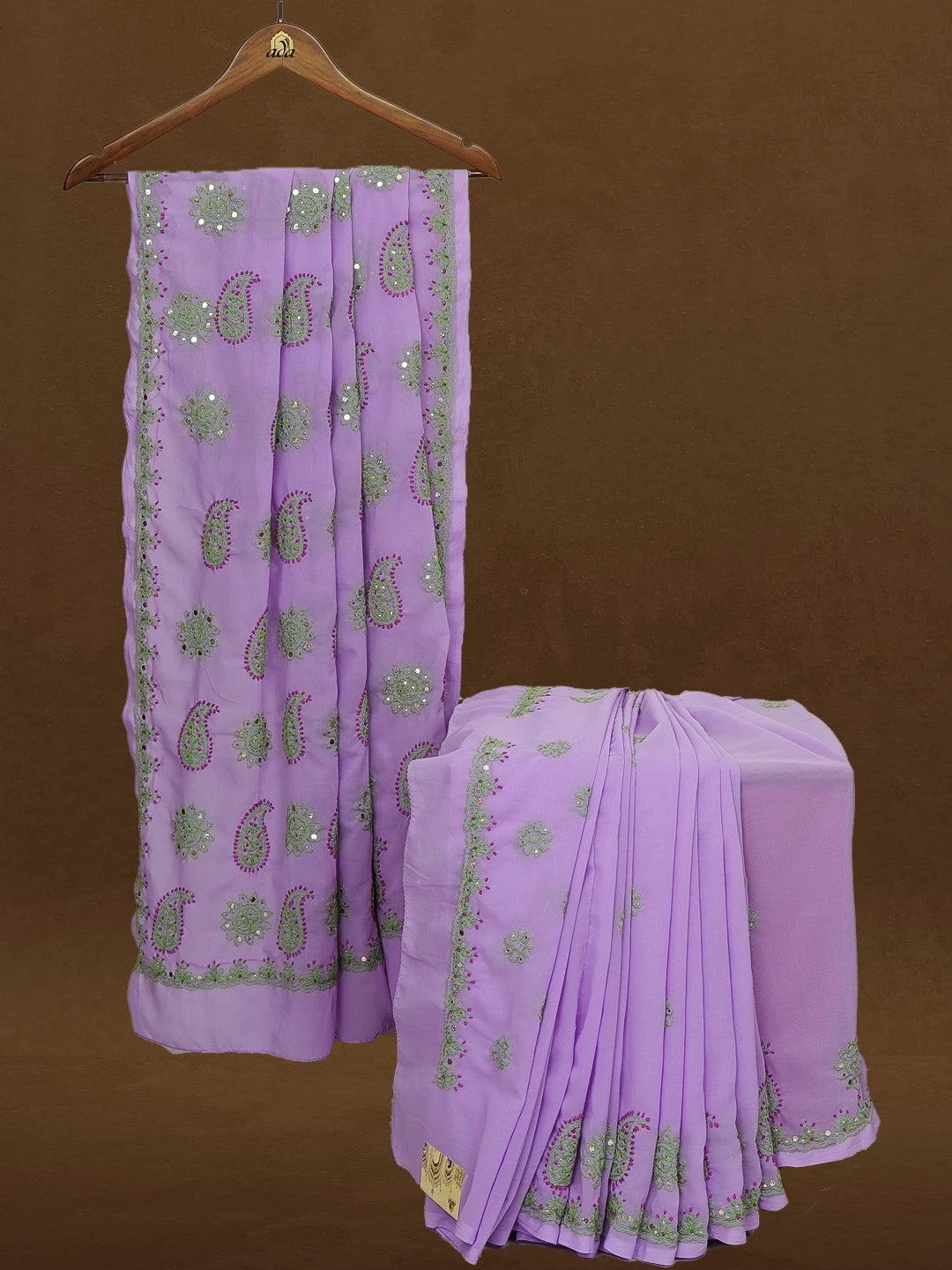 Ada Hand Embroidered Mauve Georgette Lucknowi Chikankari Saree With Blouse With Muqaish Work 01A142106
