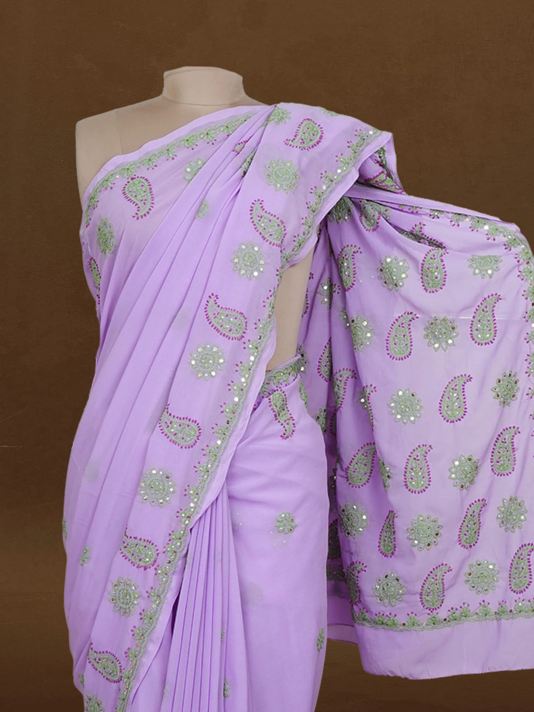 Ada Hand Embroidered Mauve Georgette Lucknowi Chikankari Saree With Blouse With Muqaish Work 01A142106