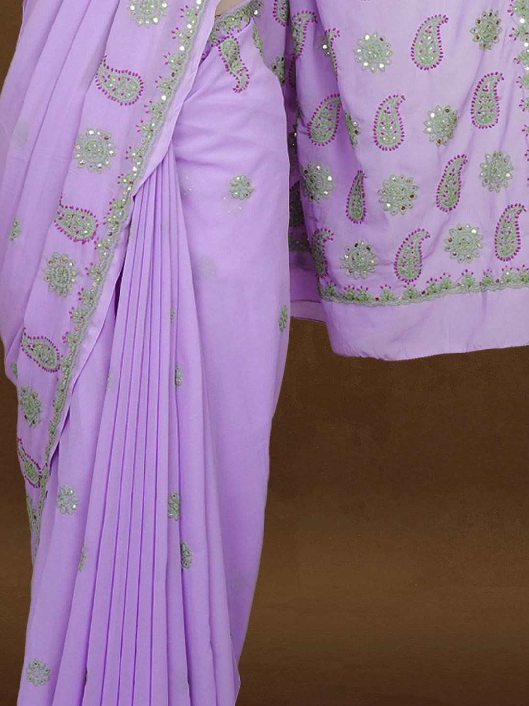 Ada Hand Embroidered Mauve Georgette Lucknowi Chikankari Saree With Blouse With Muqaish Work 01A142106