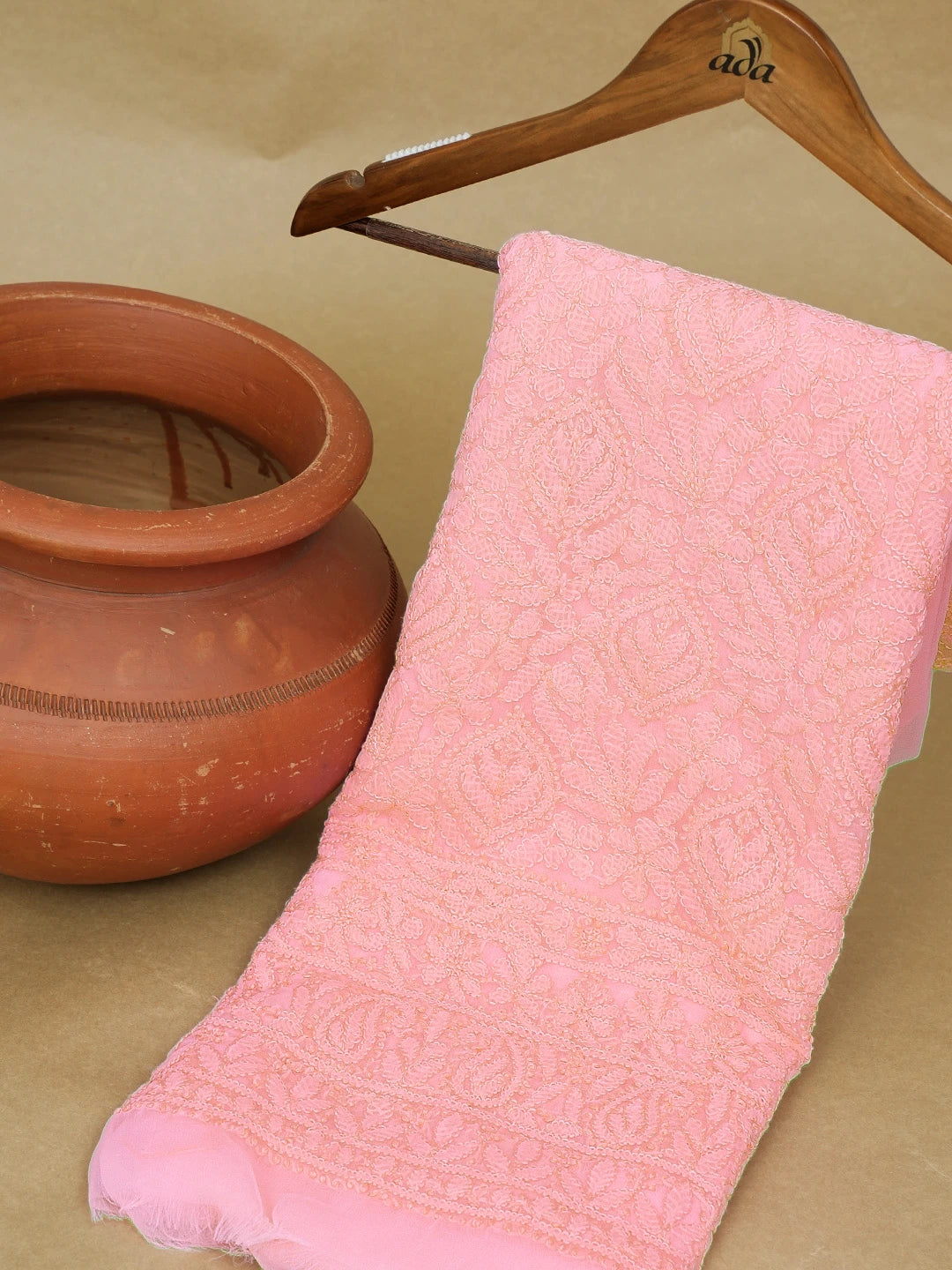 Ada Hand Embroidered Pink Georgette Lucknowi Chikankari Unstitched Kurta Piece 01A614062