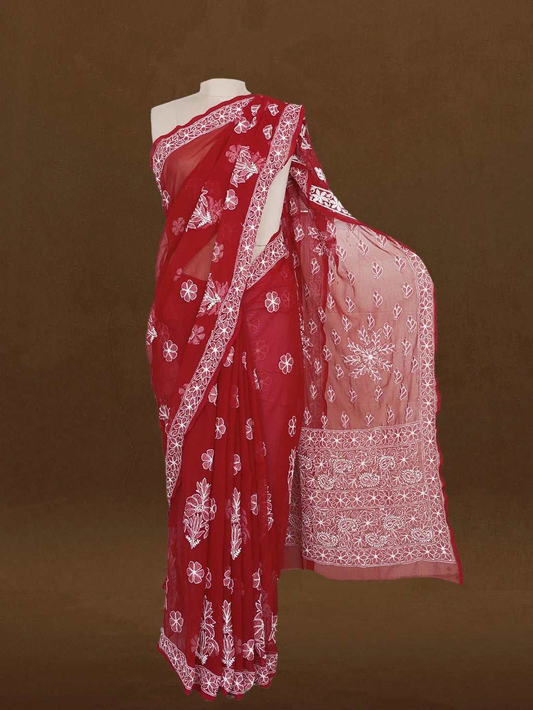 Ada Hand Embroidered Maroon Georgette Lucknowi Chikankari Saree With Blouse 01A539019