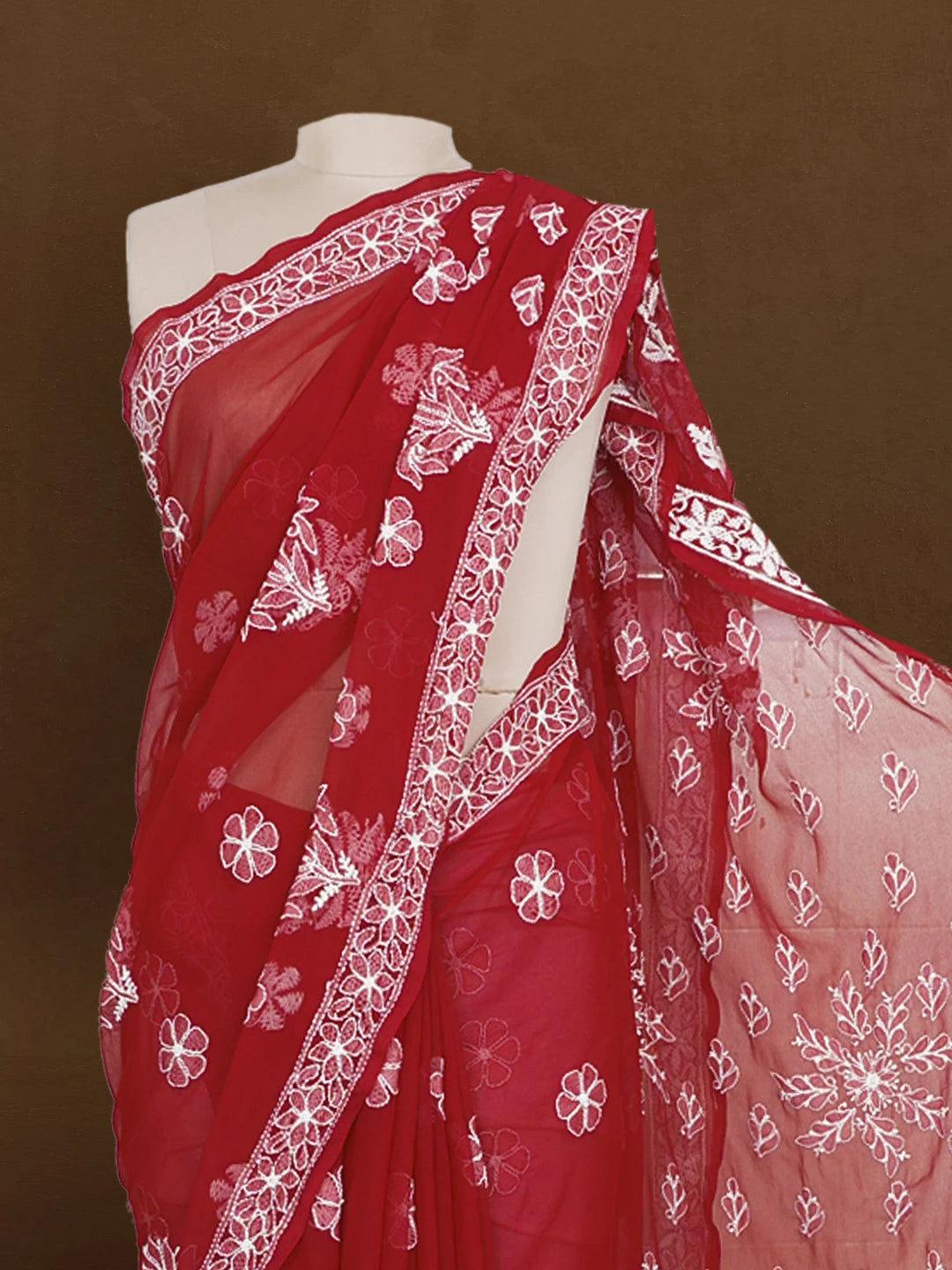 Ada Hand Embroidered Maroon Georgette Lucknowi Chikankari Saree With Blouse 01A539019