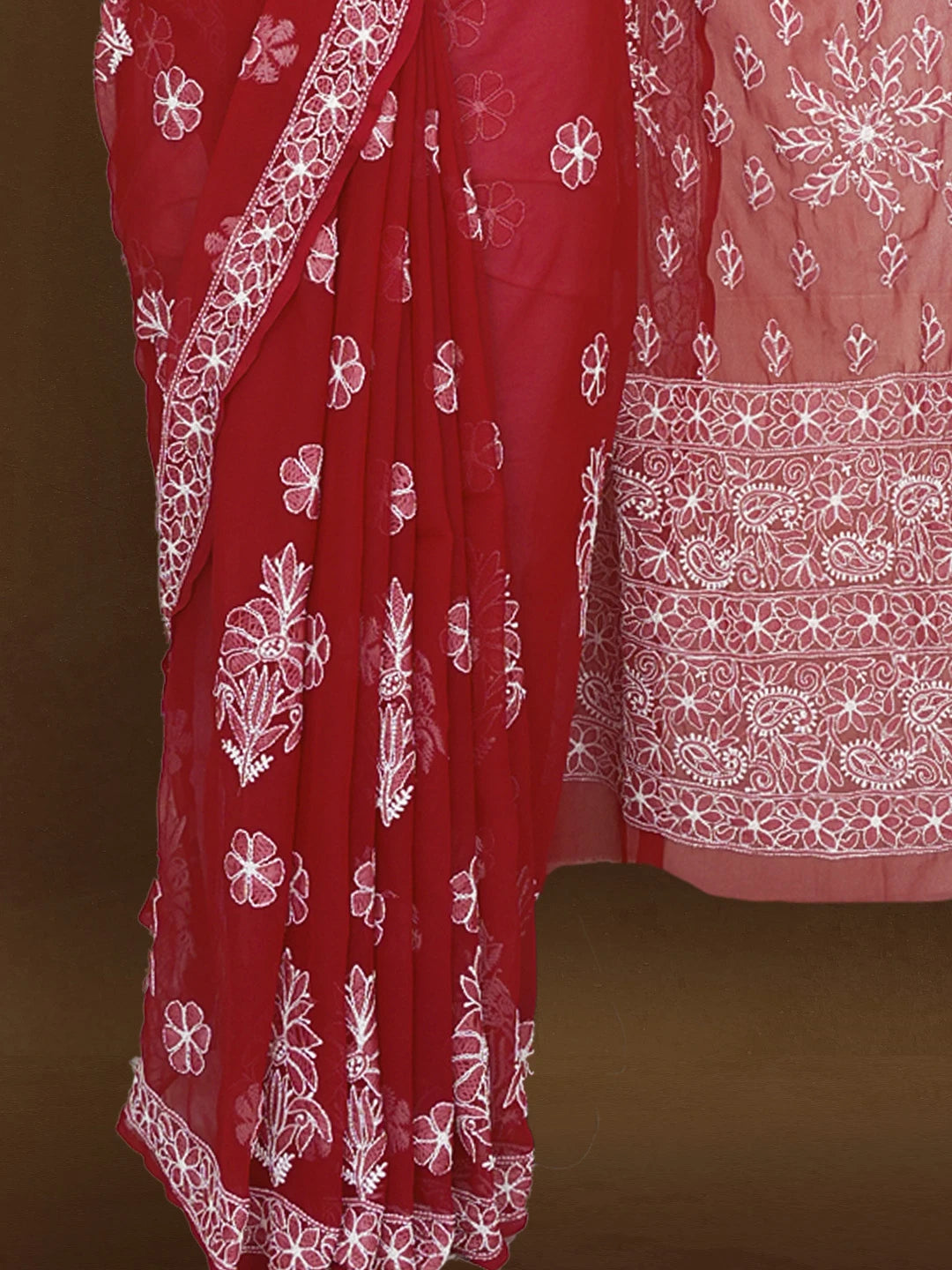 Ada Hand Embroidered Maroon Georgette Lucknowi Chikankari Saree With Blouse 01A539019