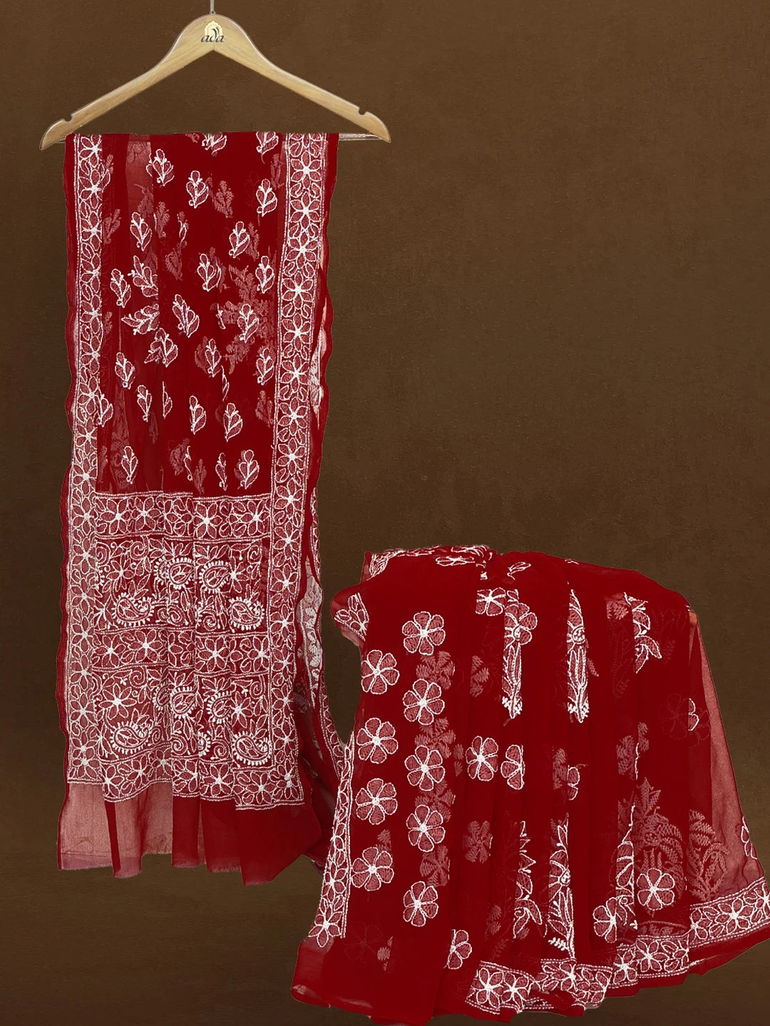 Ada Hand Embroidered Maroon Georgette Lucknowi Chikankari Saree With Blouse 01A539019