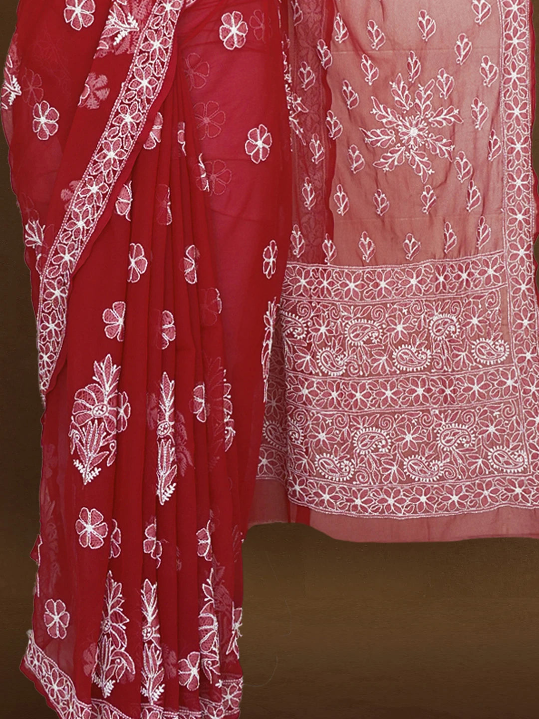 Ada Hand Embroidered Maroon Georgette Lucknowi Chikankari Saree With Blouse 01A539019