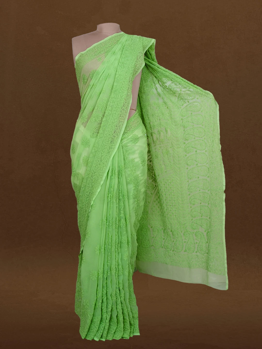 Ada Hand Embroidered Green Georgette Lucknowi Chikankari Saree With Blouse 01A584300