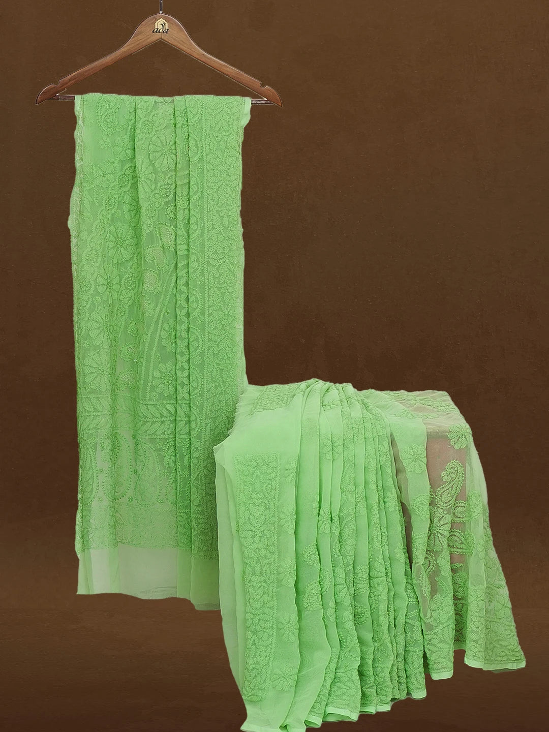 Ada Hand Embroidered Green Georgette Lucknowi Chikankari Saree With Blouse 01A584300