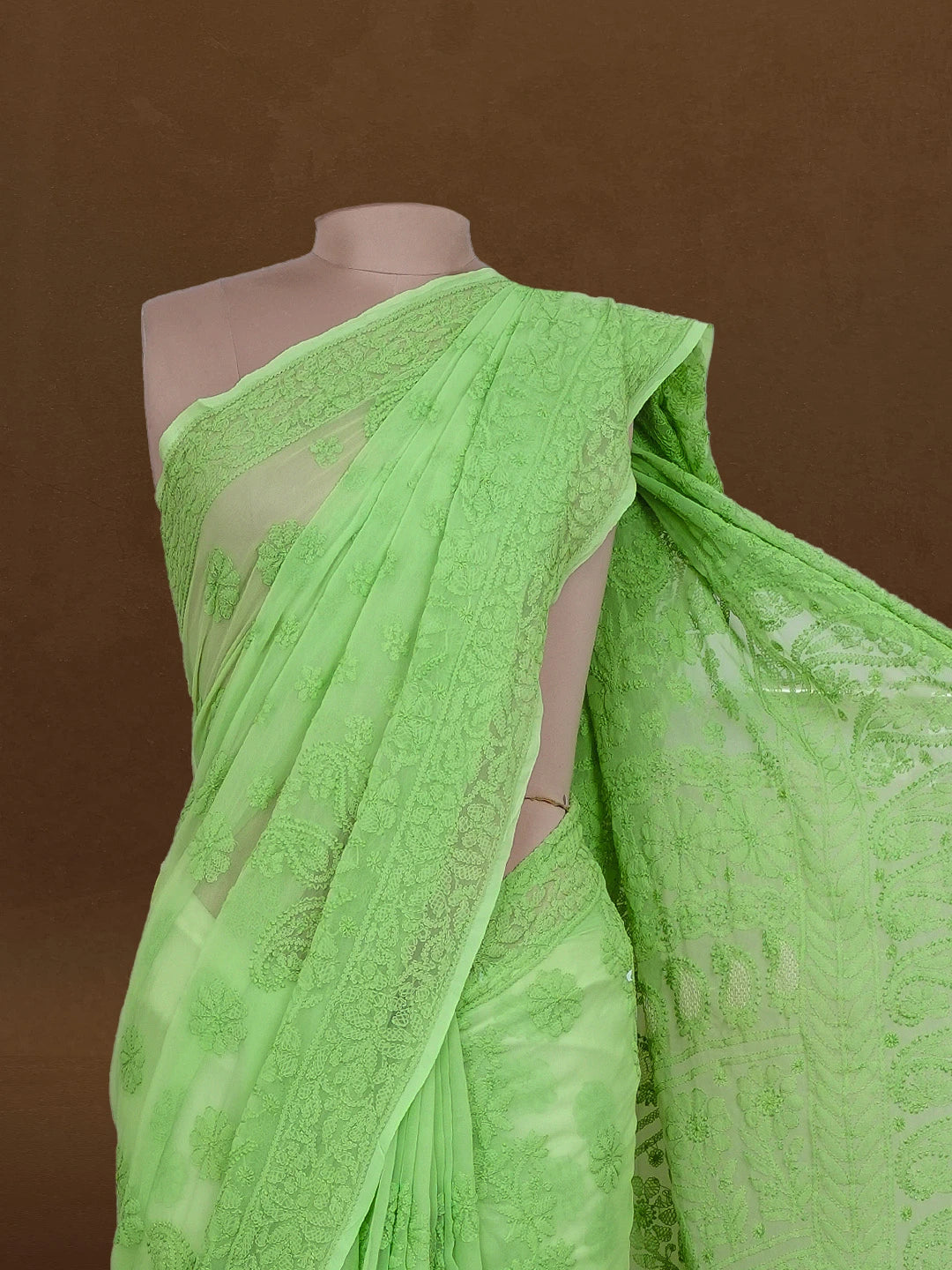Ada Hand Embroidered Green Georgette Lucknowi Chikankari Saree With Blouse 01A584300