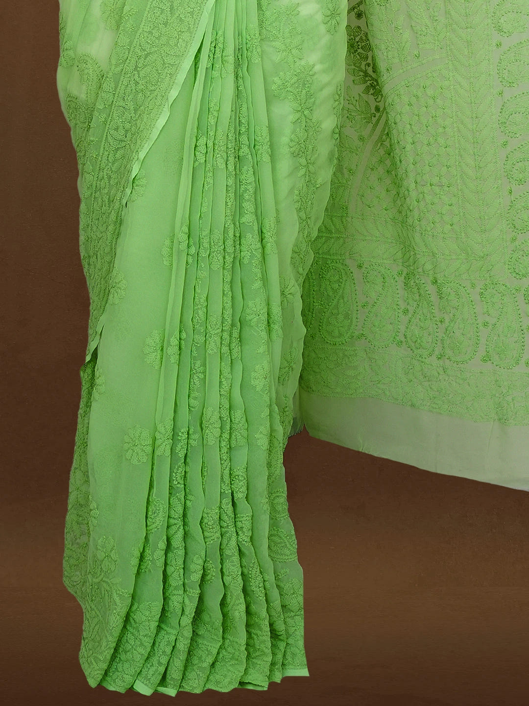 Ada Hand Embroidered Green Georgette Lucknowi Chikankari Saree With Blouse 01A584300