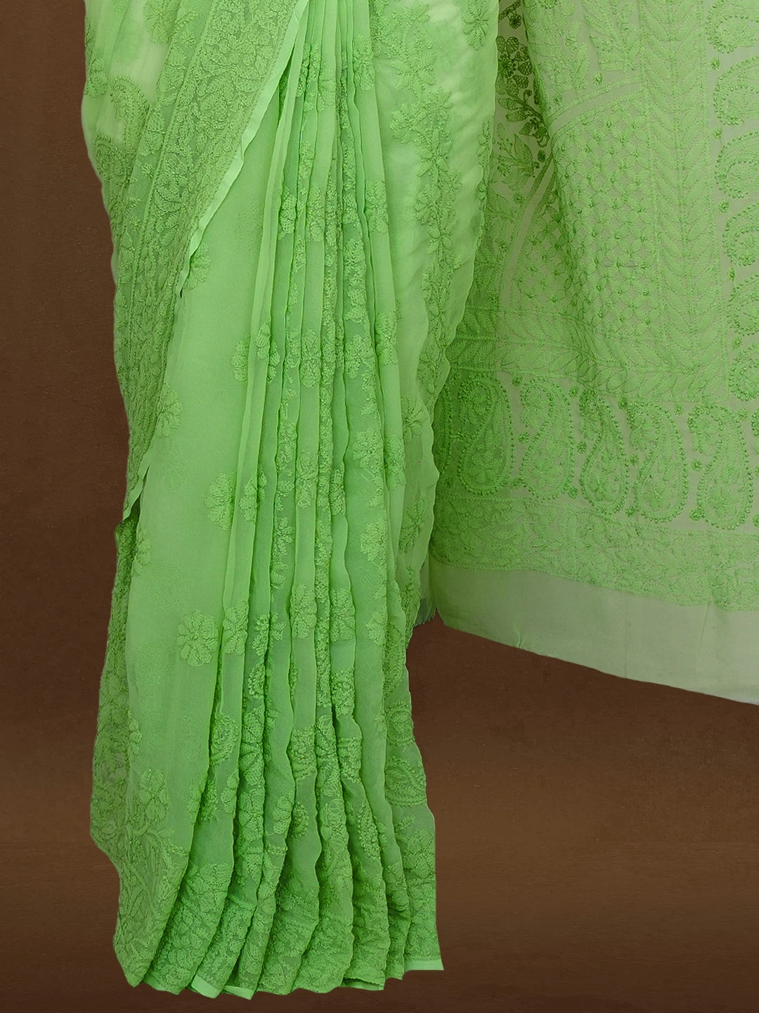 Ada Hand Embroidered Green Georgette Lucknowi Chikankari Saree With Blouse 01A584300