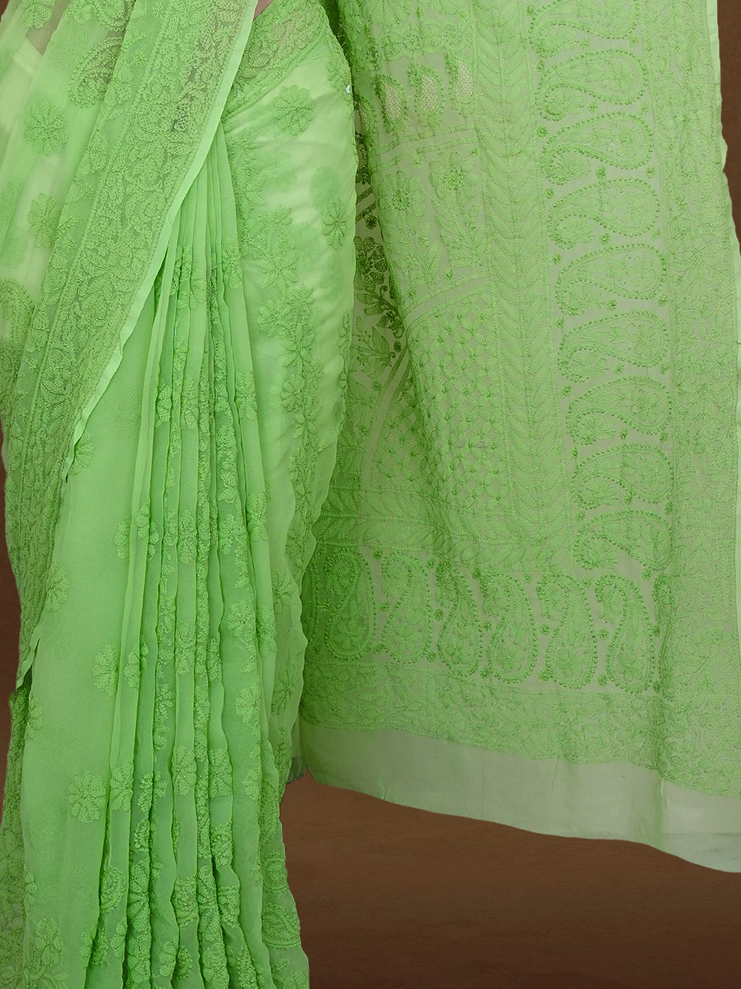Ada Hand Embroidered Green Georgette Lucknowi Chikankari Saree With Blouse 01A584300