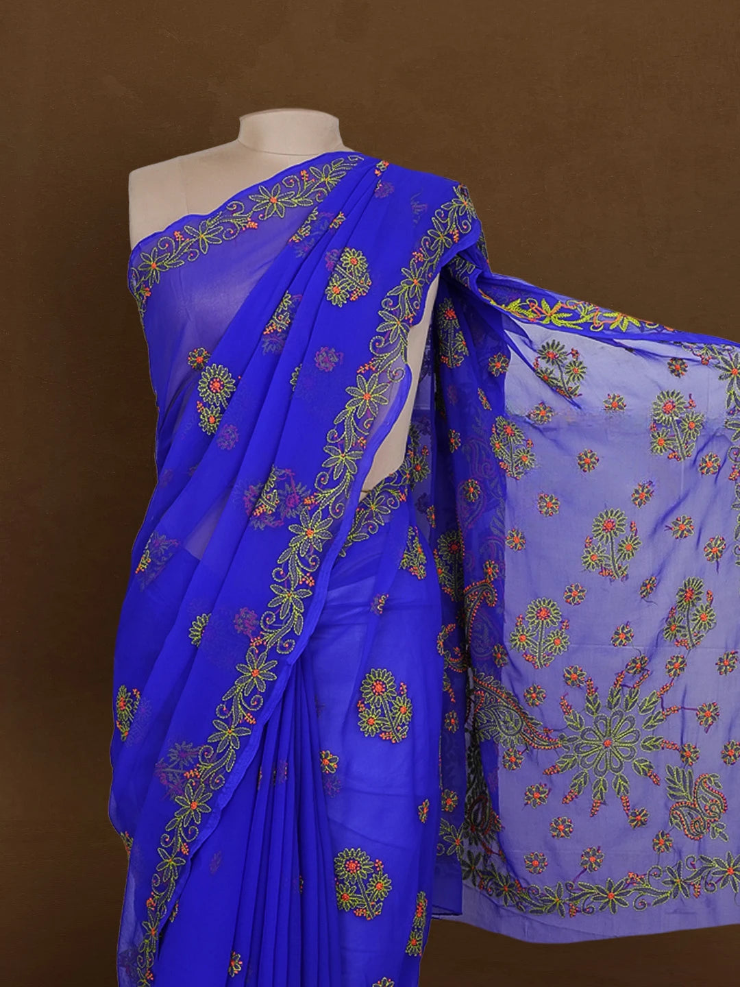 Ada Hand Embroidered Royal  Blue Georgette Lucknowi Chikankari Saree With Blouse 01A238165