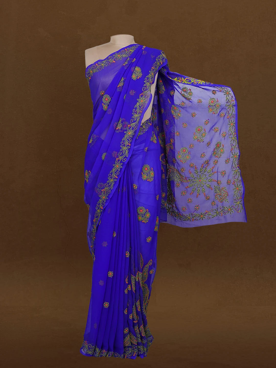 Ada Hand Embroidered Royal  Blue Georgette Lucknowi Chikankari Saree With Blouse 01A238165