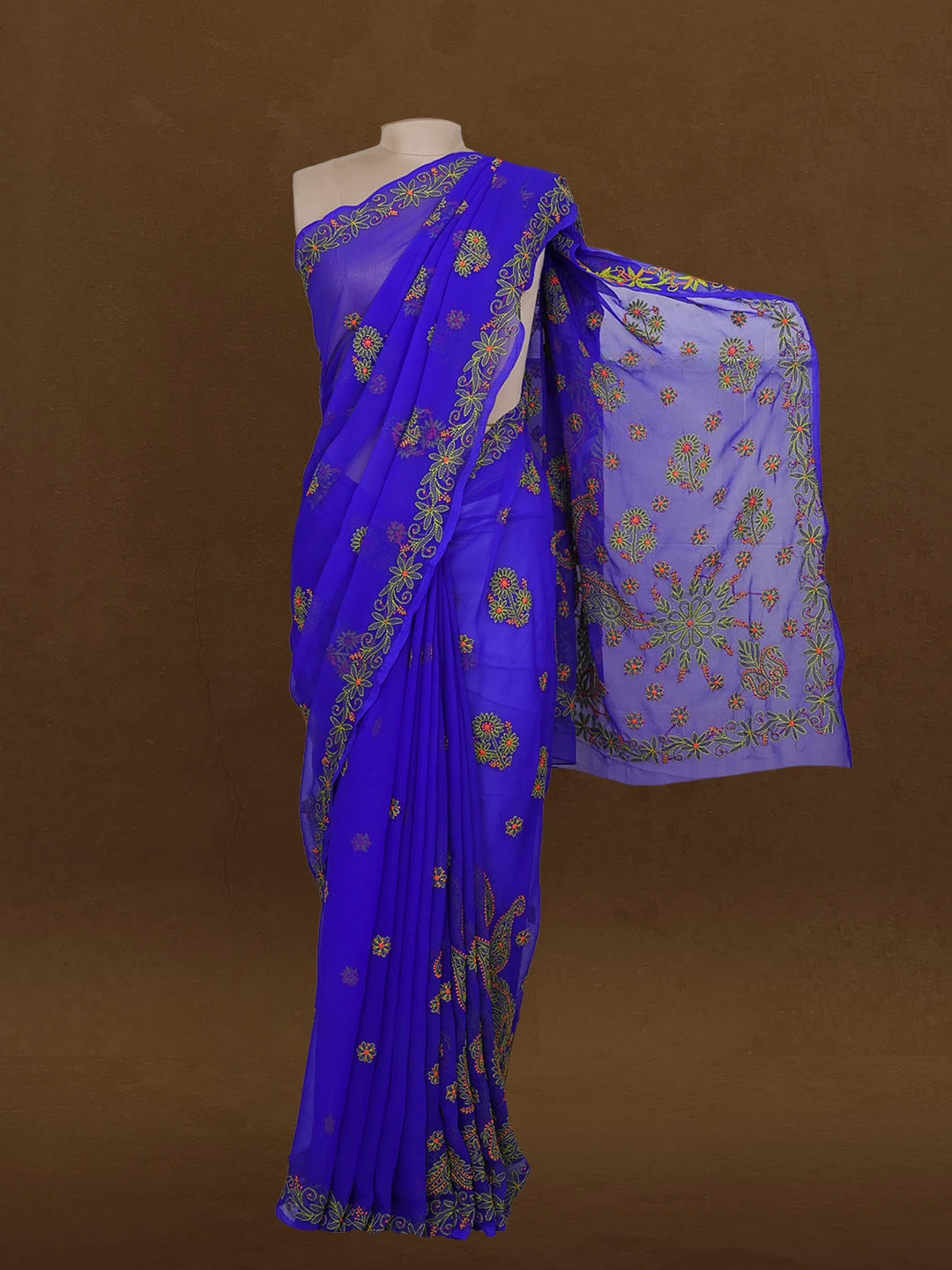 Ada Hand Embroidered Royal  Blue Georgette Lucknowi Chikankari Saree With Blouse 01A238165