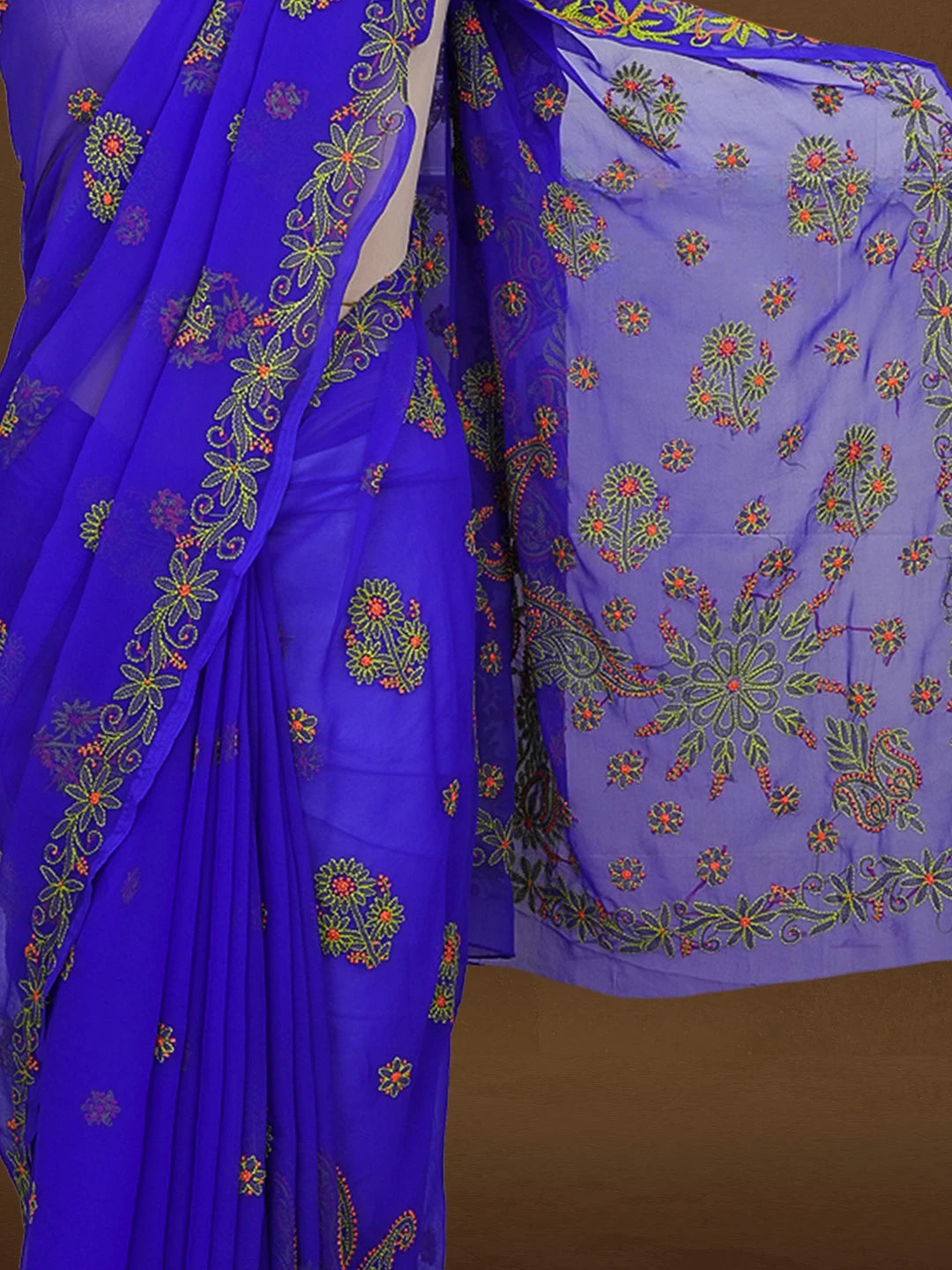 Ada Hand Embroidered Royal  Blue Georgette Lucknowi Chikankari Saree With Blouse 01A238165