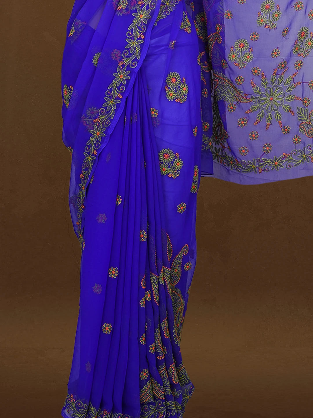 Ada Hand Embroidered Royal  Blue Georgette Lucknowi Chikankari Saree With Blouse 01A238165