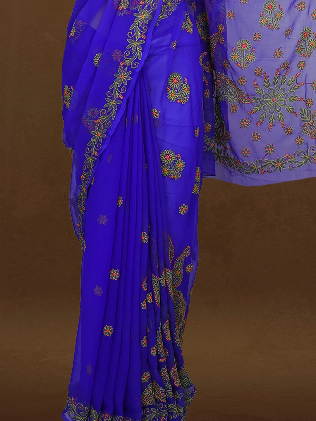 Ada Hand Embroidered Royal  Blue Georgette Lucknowi Chikankari Saree With Blouse 01A238165