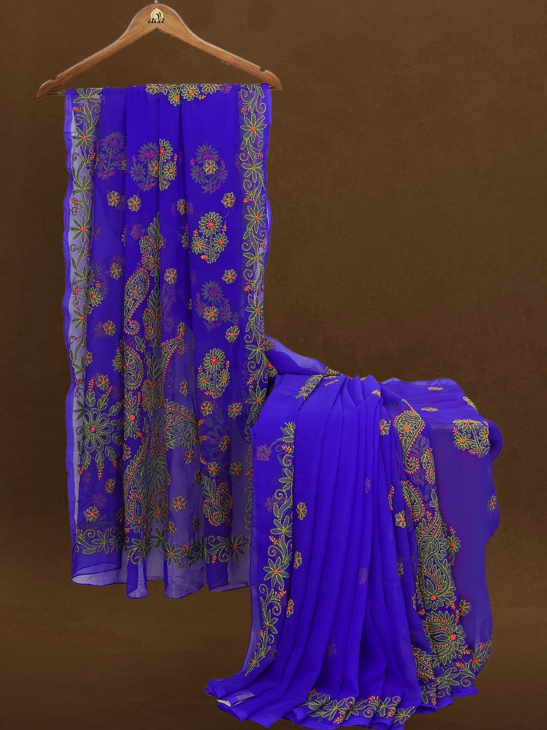 Ada Hand Embroidered Royal  Blue Georgette Lucknowi Chikankari Saree With Blouse 01A238165