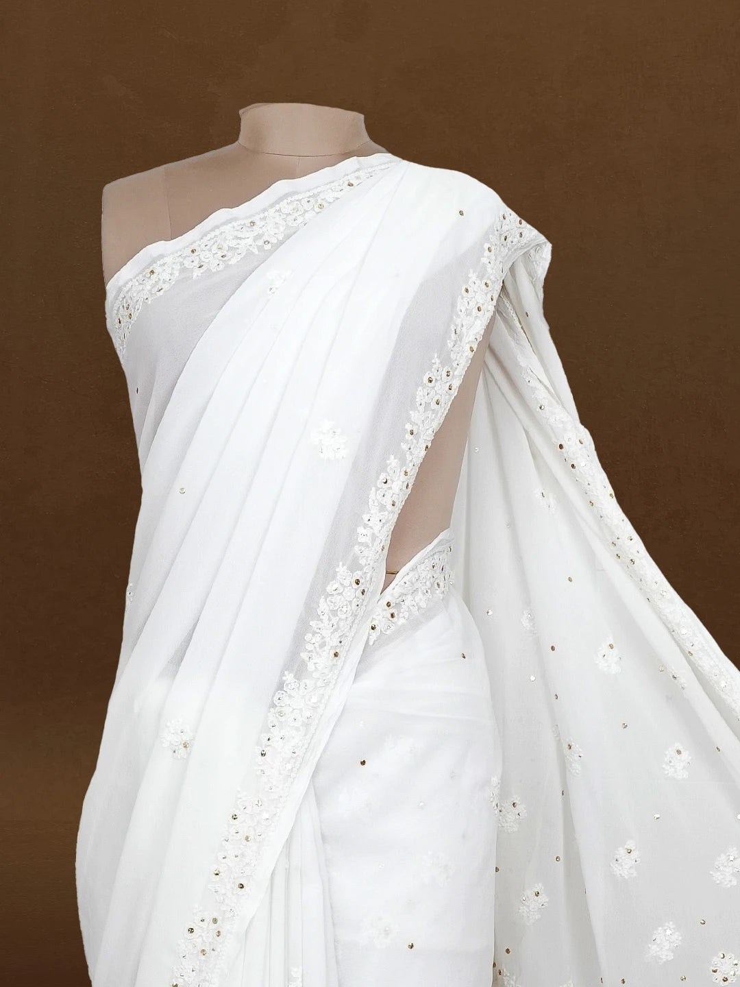 Ada Hand Embroidered White Georgette Lucknowi Chikankari Saree/Blouse With Muqaish Work 01A218454